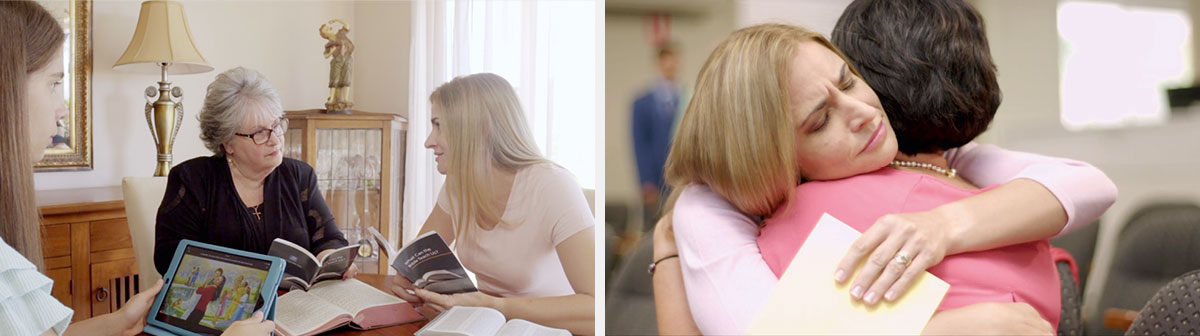 مشهدان من فيديو ‹كيف يساعدنا رجاء القيامة ان نكون شجعانا؟‏›:‏ ١-‏ اخت تُعزِّي فيرونيكا في الاجتماع بعد يوم على موت فيليسيتي.‏ ٢-‏ فيرونيكا وواحدة من ابنتيها تُعزِّيان امرأة من الكتاب المقدس