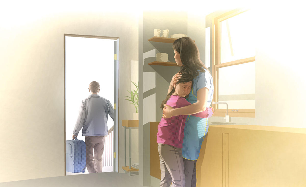 ام حزينة ترى زوجها يترك البيت.‏ ابنتها ايضا حزينة وتعانق امها