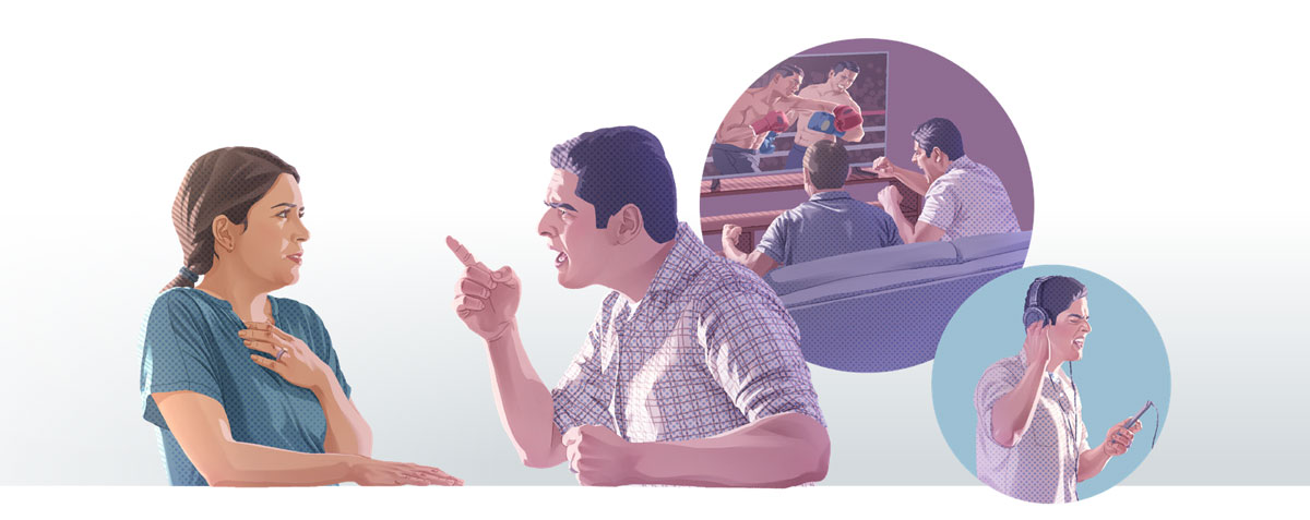 تصرُّفَين يوصلان الزوج الى التكلم بقسوة مع زوجته:‏ ١-‏ يسمع موسيقى عنيفة.‏ ٢-‏ يشاهد مباراة مصارعة مع رفيقه وهو متحمس جدا