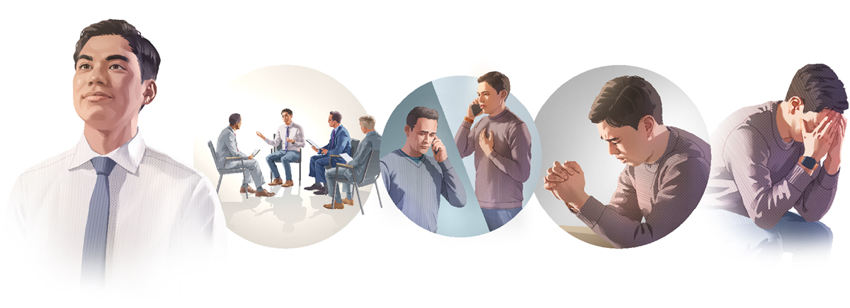 ١-‏ اخ حزين جدا ويضع رأسه بين يدَيه.‏ ٢-‏ الاخ يُصلِّي الى يهوه.‏ ٣-‏ الاخ يتكلم مع شيخ على الهاتف.‏ ٤-‏ الاخ يجلس مع ثلاثة شيوخ.‏ ٥-‏ الاخ يبتسم لأن ضميره مرتاح