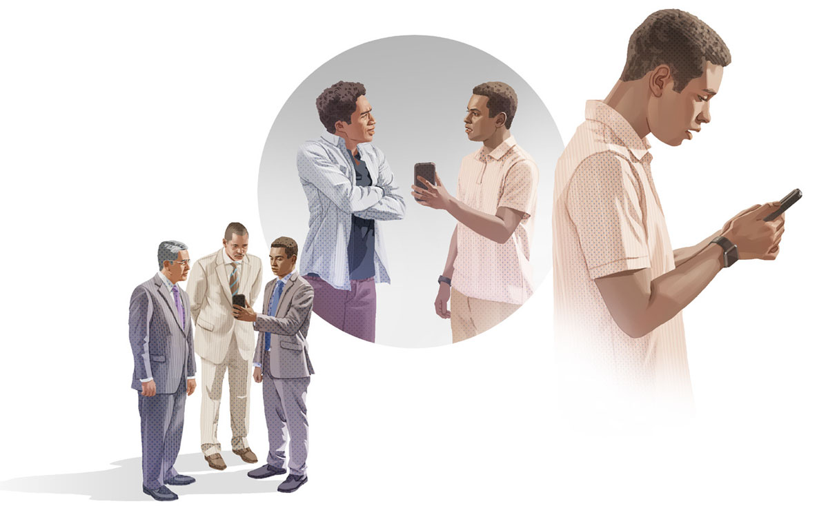 اخ يساعد اخا آخر ارتكب خطية خطيرة:‏ ١-‏ يتفاجأ الاخ من ما يراه على هاتفه.‏ ٢-‏ يتكلم عن ما رآه مع الاخ المخطئ.‏ لكن هذا الاخ ينزعج من النصيحة.‏ ٣-‏ يُري الاخ ما رآه على هاتفه لشيخين ويتكلم معهما