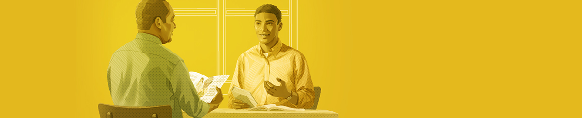 شاب يناقش الكتاب المقدس مع واحد من شهود يهوه