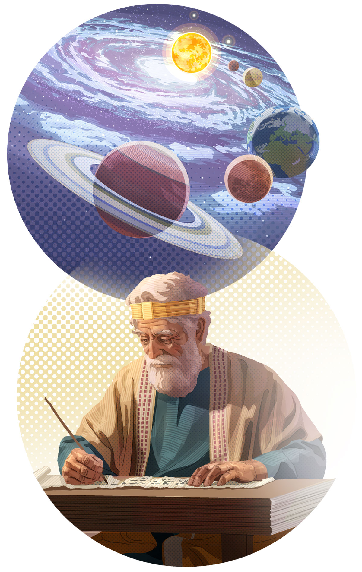 اعمال انجزها الروح القدس:‏ ١-‏ الكون والكواكب.‏ ٢-‏ واحد من الذين كتبوا الكتاب المقدس يسجِّل على كتاب افكارا نقلها اليه اللّٰه بالوحي