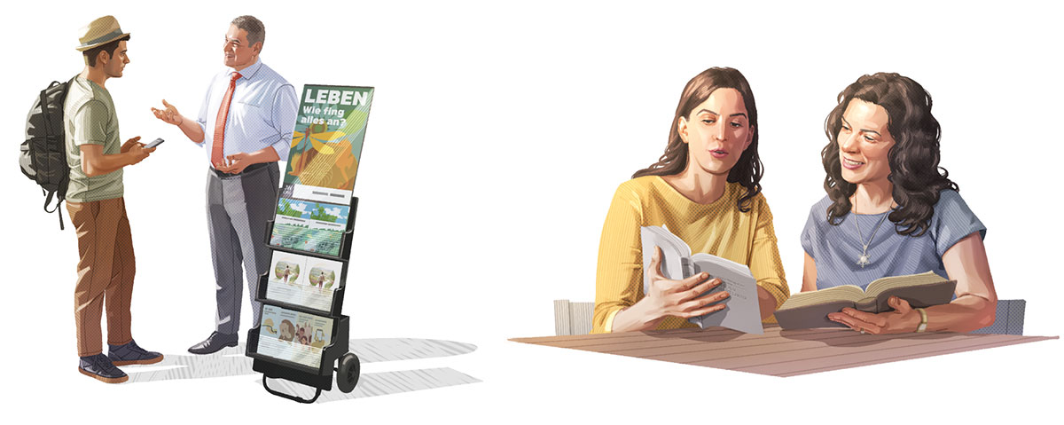 شهود يهوه يُبشِّرون:‏ ١-‏ شاهدة ليهوه تقرأ آية لامرأة وتشرحها لها ٢-‏ شاهد ليهوه في الخدمة العلنية يخبر شابا عن حقائق الكتاب المقدس