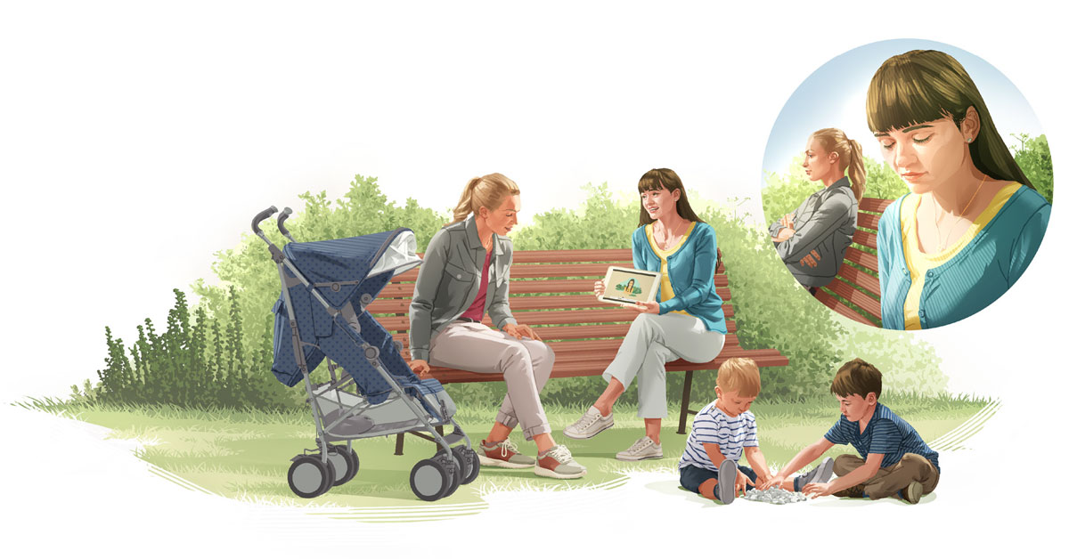 تلميذة للكتاب المقدس تُبشِّر امرأة تجلس على مقعد في حديقة عامة:‏ ١-‏ التلميذة تُصلِّي.‏ ٢-‏ تخبر المرأة عن نقطة من الكتاب المقدس