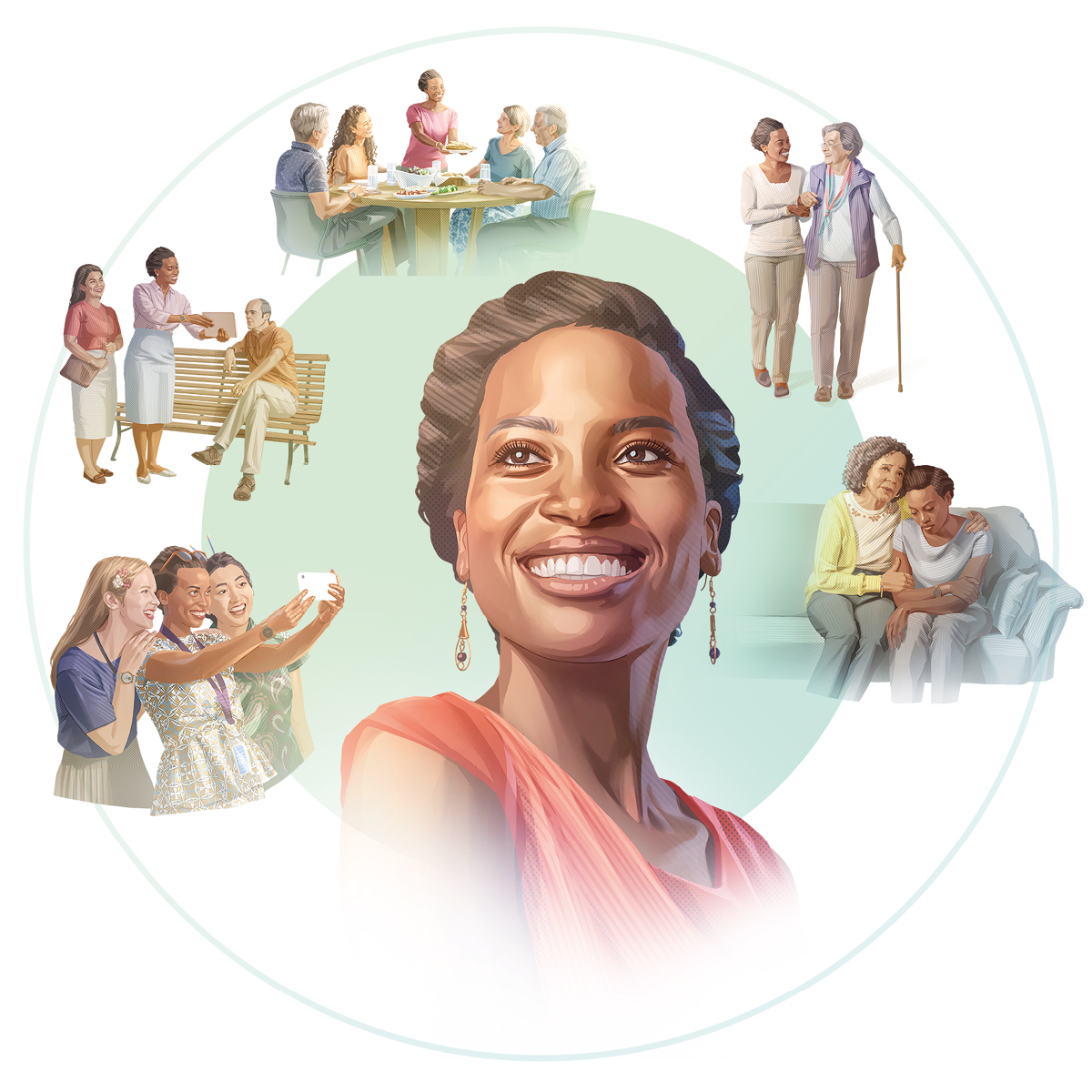 اخت معتمدة تبتسم حين تُفكِّر في علاقتها الجيدة بالاخوة في الجماعة:‏ ١-‏ تواسيها اخت اخرى.‏ ٢-‏ تساعد اختا كبيرة في العمر وهي تمشي.‏ ٣-‏ تأكل مع اشخاص من اعمار مختلفة.‏ ٤-‏ تُبشِّر رجلا مع اخت اخرى.‏ ٥-‏ تُصوِّر نفسها مع اختين من جنسيتين مختلفتين في اجتماع سنوي