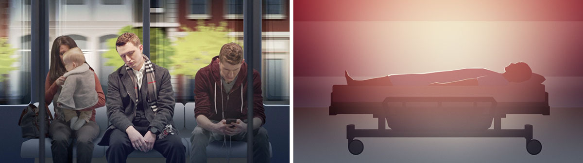 مشهدان من فيديو ‹جزء من ما هي حالة الموتى؟‏›:‏ ١-‏ شخص نائم في تخت بمستشفى.‏ ٢-‏ شاب نائم بين شخصين فيما يتنقل بالقطار