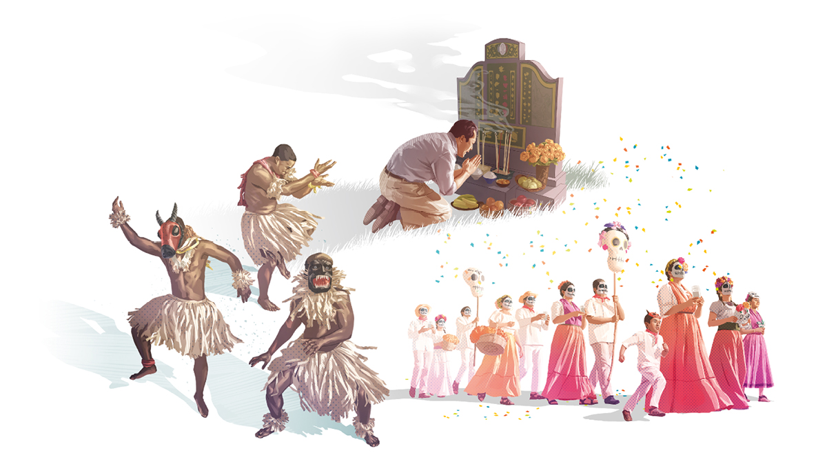 تقاليد لإكرام الاموات:‏ ١-‏ رجل يركع ويصلي امام قبر ويقدِّم الطعام.‏ ٢-‏ ثلاثة رجال من قبيلة يلبسون ثيابا تنكرية ويرقصون.‏ ٣-‏ موكب من الناس يلبسون اقنعة على شكل جمجمة ويحملون عصا عليها شكل جمجمة كبيرة في عيد الموتى