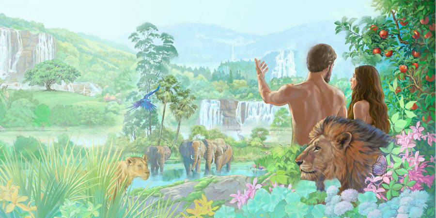 آدم وحواء يتأملان في الجنة التي يعيشان فيها