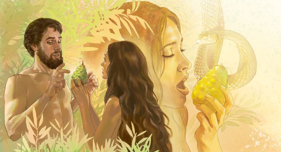 حواء تأكل من الثمرة المحرمة وتعطي آدم ليأكل