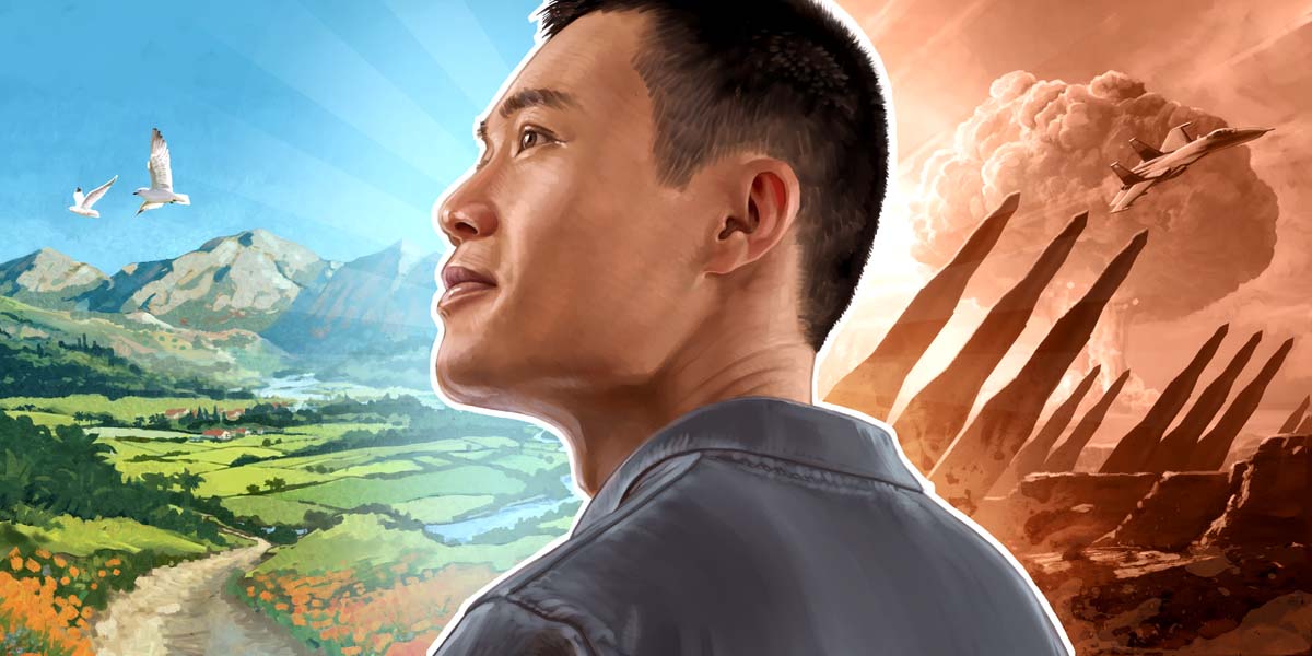 مجموعة صور:‏ رجل يتطلَّع إلى الأمام بثقة.‏ ١-‏ خلفه حرب فيها طائرات حربية،‏ صواريخ نووية،‏ وسحابة فطر.‏ ٢-‏ أمامه أرض نظيفة وهادئة فيها جبال،‏ وديان خضراء،‏ نهر جارٍ،‏ وطيور