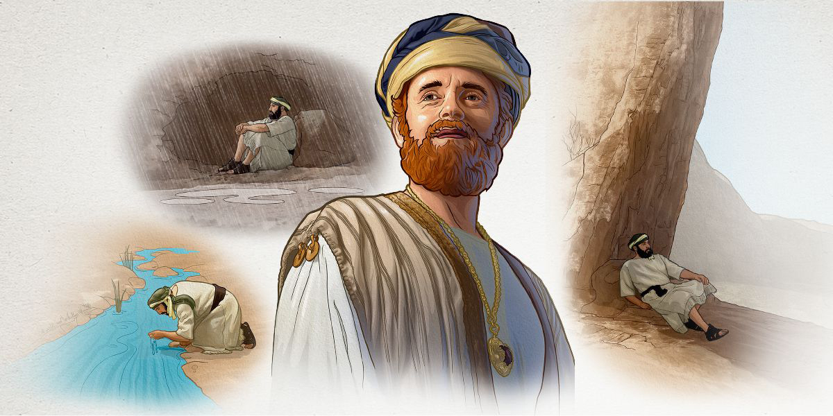 رجل يختبئ من العاصفة،‏ يشرب من جدول ماء،‏ ويستريح في ظل صخرة.‏