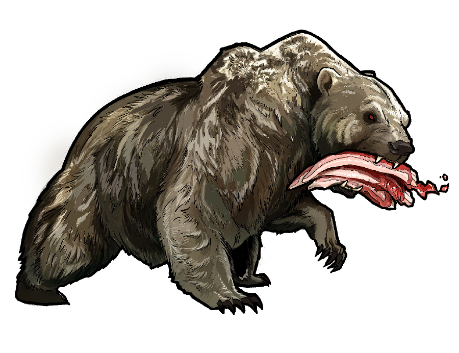 حيوان ضخم شبيه بالدب في فمه ثلاث اضلع