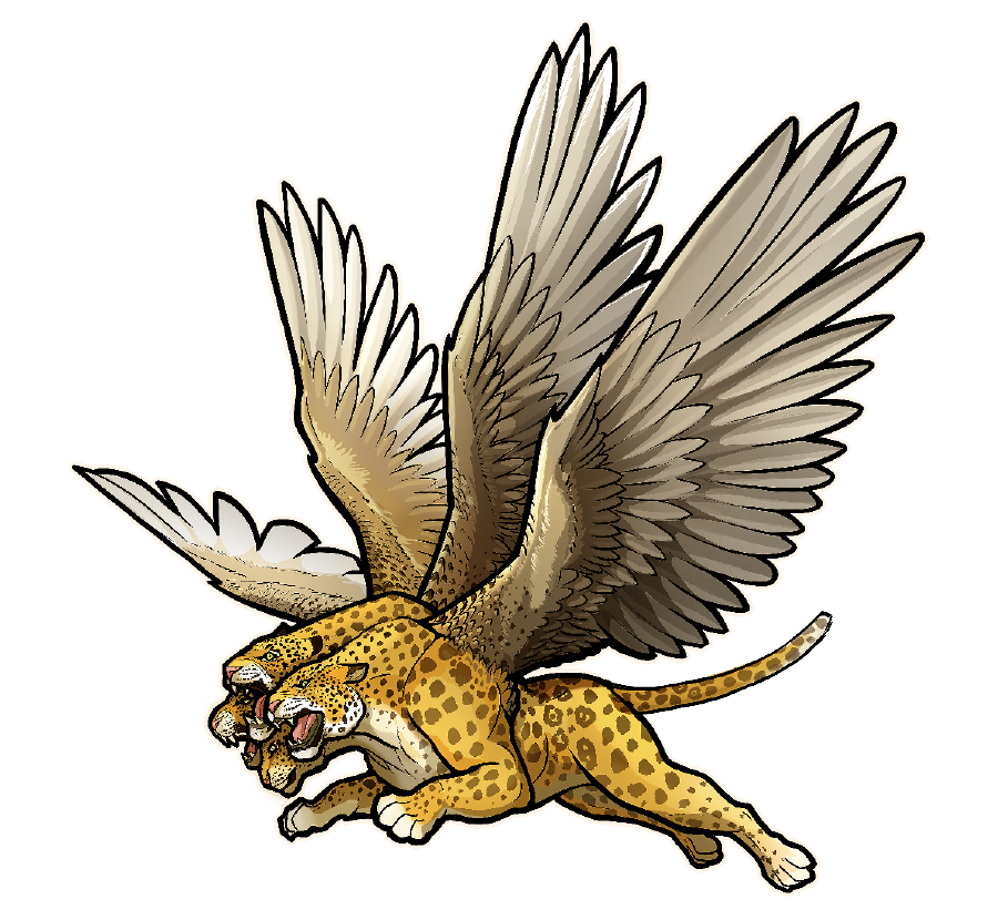 حيوان ضخم مثل النمر له اربعة رؤوس وعلى ظهره اربعة اجنحة