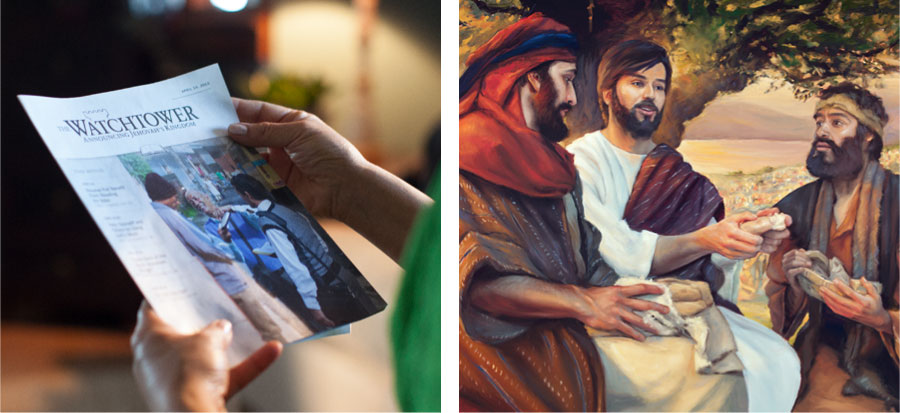 يسوع يوزِّع الخبز علی تلميذين؛‏ مجلة «برج المراقبة»‏