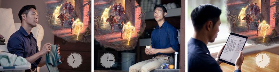 مجموعة صور:‏ اخ يتأمل بالآية اليومية والتعليق عليها طول اليوم.‏ ١-‏ خلال القراءة،‏ يتخيل مشهد الملاكين يمسكان لوط وعائلته بأيديهم ليهربوا من سدوم.‏ ٢-‏ بينما يتناول الغداء في عمله،‏ يكمل تخيل المشهد الذي قرأ عنه في الصباح.‏ ٣-‏ في المساء في منزله،‏ يستمر في التأمل بما قرأه في الصباح فيما يطوي الغسيل.‏