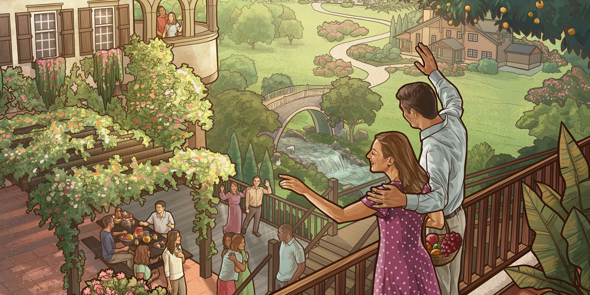 زوجان في الفردوس يلوِّحان بيدهما لأصدقائهما