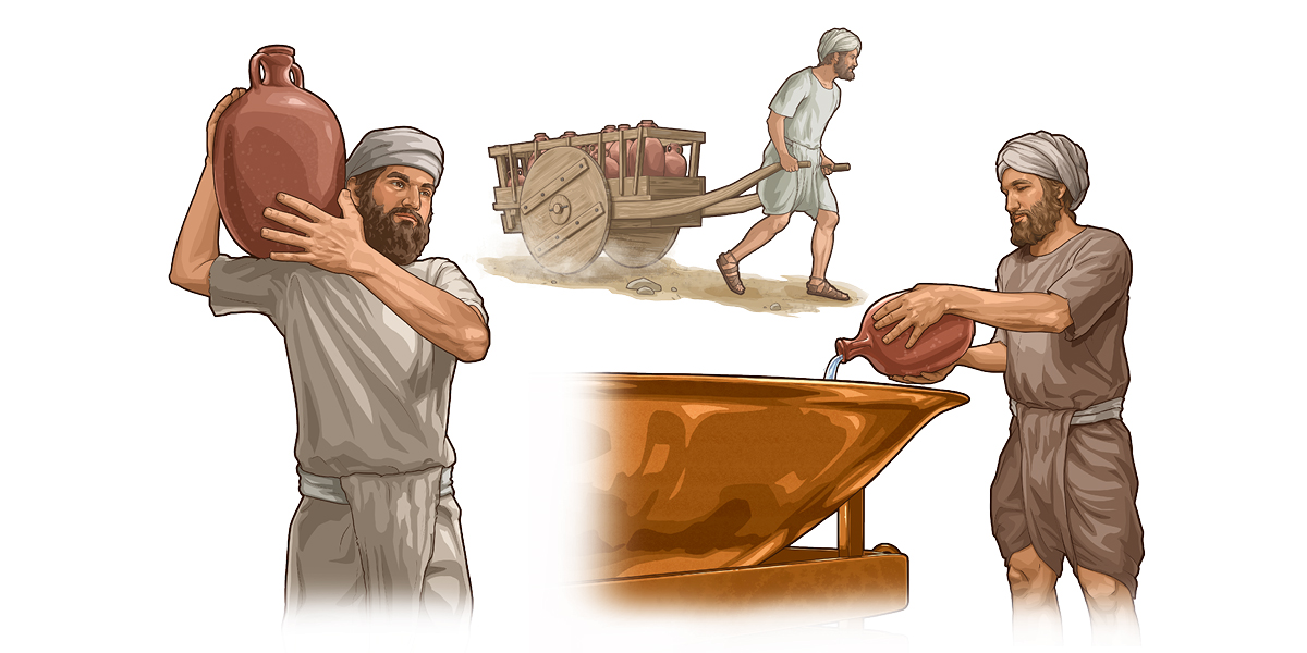 لاويون يقومون بمهام مختلفة:‏ ١-‏ لاوي يسكب ماء في حوض النحاس.‏ ٢-‏ لاوي يجر عربة مليئة بجرار من فخار.‏ ٣-‏ لاوي يحمل علی كتفه جرة من فخار