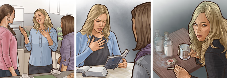 امرأة تقرر ان تخدم يهوه:‏ ١-‏ تشرب وتدخن.‏ ٢-‏ تتأثر بفكرة تتعلمها خلال درسها للكتاب المقدس.‏ ٣-‏ تتحدث بفرح مع صديقتين لها من شهود يهوه