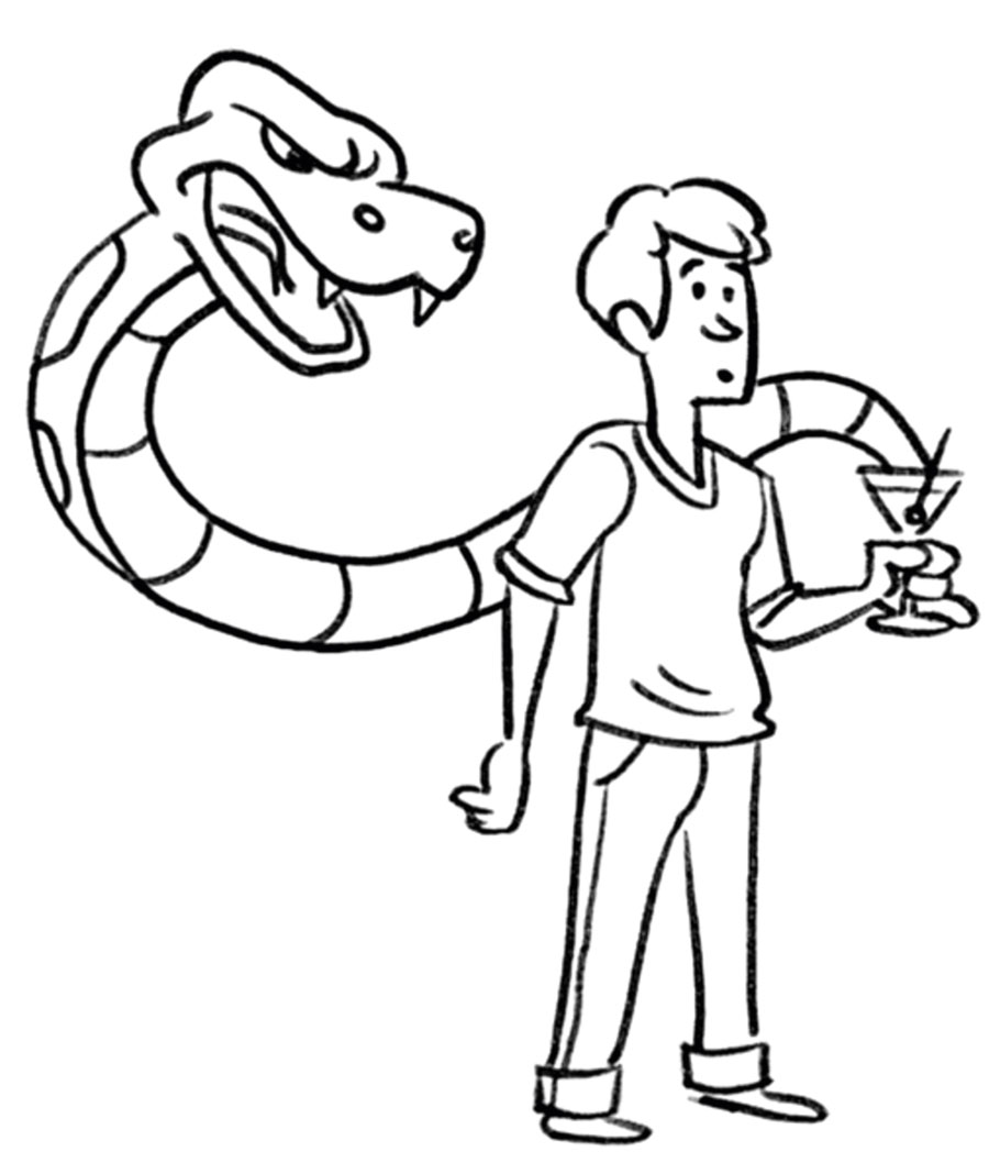 مشهد من فيديو «كن واعيا!‏»:‏ حية لها نابان تخرج من كأس فيها كحول يحملها شاب