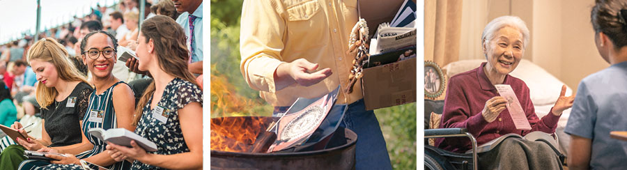 اشخاص يرضون يهوه بعبادتهم:‏ ١-‏ اخت كبيرة في العمر تبشِّر ممرضة.‏ ٢-‏ رجل يحرق ادوات تُستعمل في التعامل مع الارواح.‏ ٣-‏ ثلاث اخوات من عروق مختلفة يحضرن اجتماعا امميا