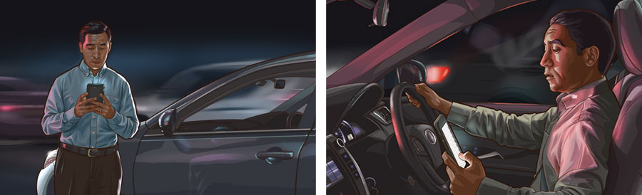 ١-‏ اخ يكتب رسالة نصية وهو يسوق سيارة.‏ ٢-‏ الاخ نفسه يكتب رسالة نصية وهو واقف قرب سيارته