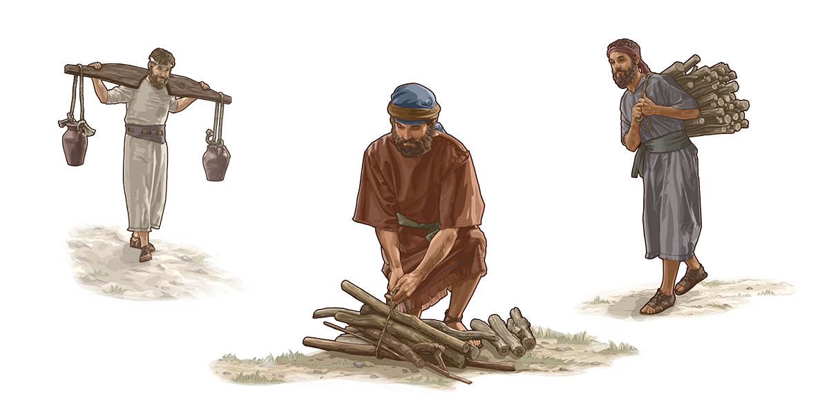 قام الجبعونيون بأعمال عديدة:‏ ١-‏ رجل يحمل ربطة حطب كبيرة.‏ ٢-‏ رجل يربط حطبا.‏ ٣-‏ رجل يستعمل نيرا ليحمل الماء