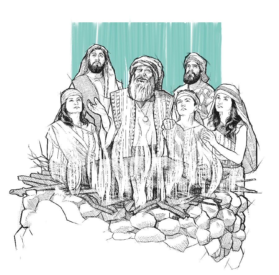 يعقوب وعائلته يقدِّمون ذبيحة على مذبح