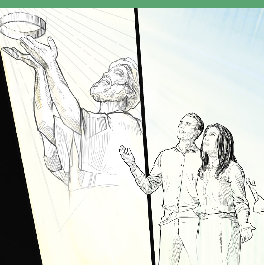 أحداث وقت الامتحان الأخير:‏ ١-‏ أشخاص كاملون ينظرون إلى السماء.‏ ٢-‏ يسوع يُعيد تاجه إلى يهوه