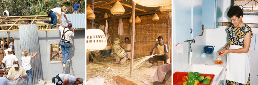 امرأة تغسل الخضار؛‏ رجلان يعملان سلالا من قش؛‏ رجال ونساء يبنون بيتا