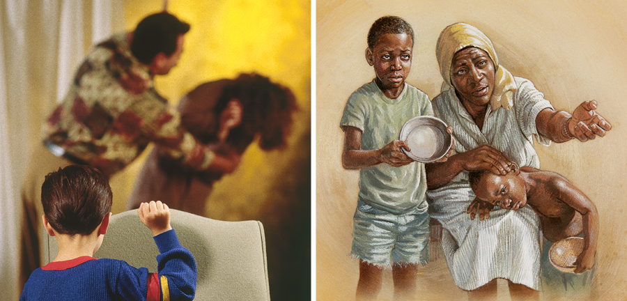 ارملة تشحذ طعاما مع ولديها؛‏ ولد يری اباه يضرب امه