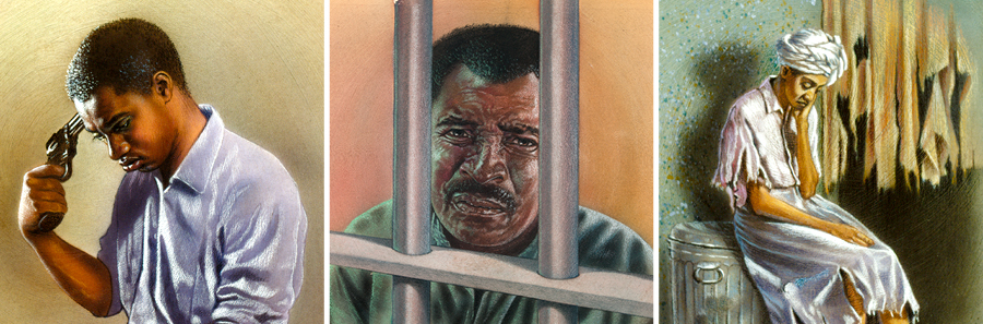 امرأة مشردة،‏ رجل داخل السجن،‏ رجل يصوب مسدسا نحو رأسه