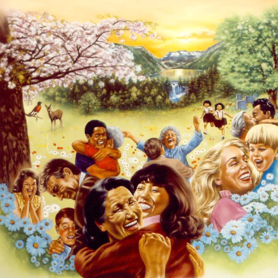 اشخاص يرحبون بالموتی الذين يعودون الی الحياة علی الارض