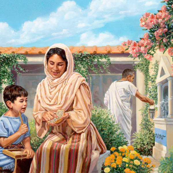 والدة تيموثاوس تقرأ عليه ويظهر ابوه في خلفية الصورة