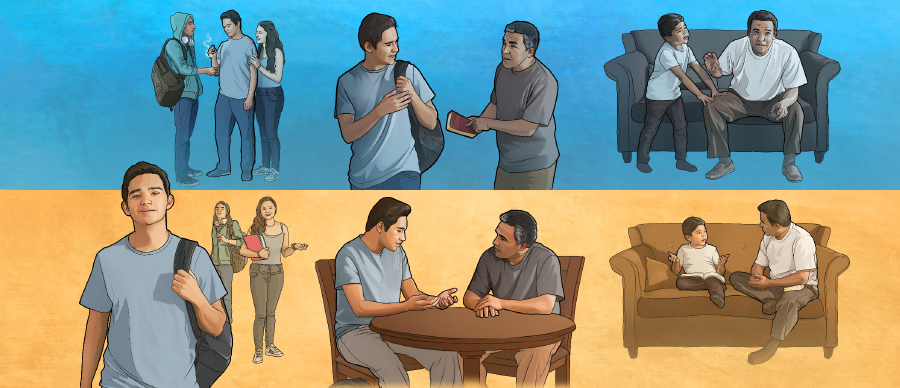 اب يهمل تربية ولده،‏ فيضعف ايمان ابنه؛‏ اب يجتهد في تربية ابنه،‏ فيصمد ابنه امام ضغط رفاقه