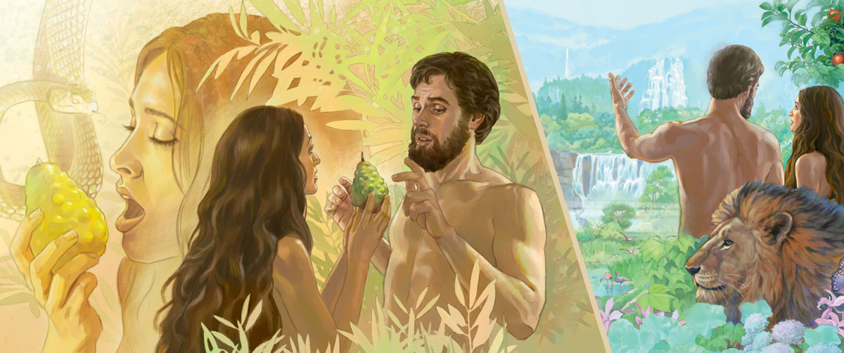 آدم وحواء في جنة عدن؛‏ الحية تتكلم مع حواء،‏ فتأكل حواء من الشجرة،‏ وتعطي آدم ليأكل ايضا
