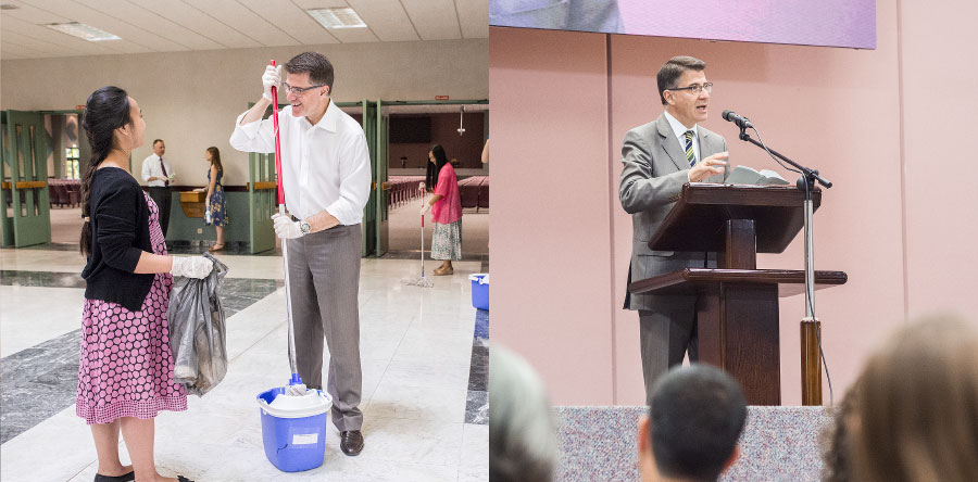 شيخ يلقي خطابا على الحضور،‏ ويشترك لاحقا في تنظيف مكان العبادة