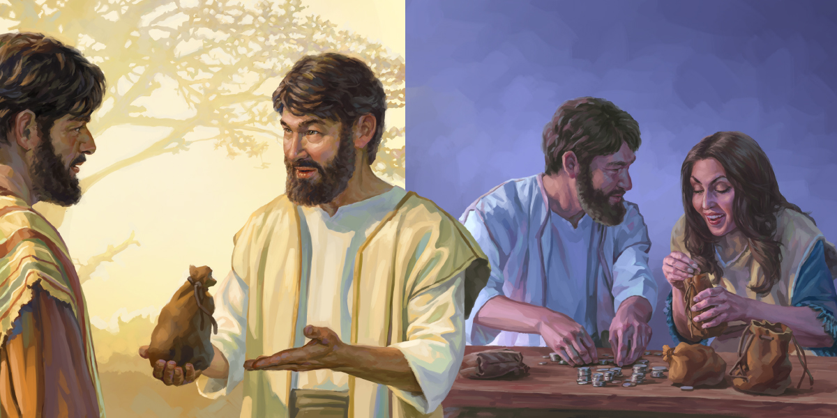 حنانيا وسفِّيرة يعدَّان مالهما؛‏ حنانيا يحضر جزءا من المال الى الرسول بطرس