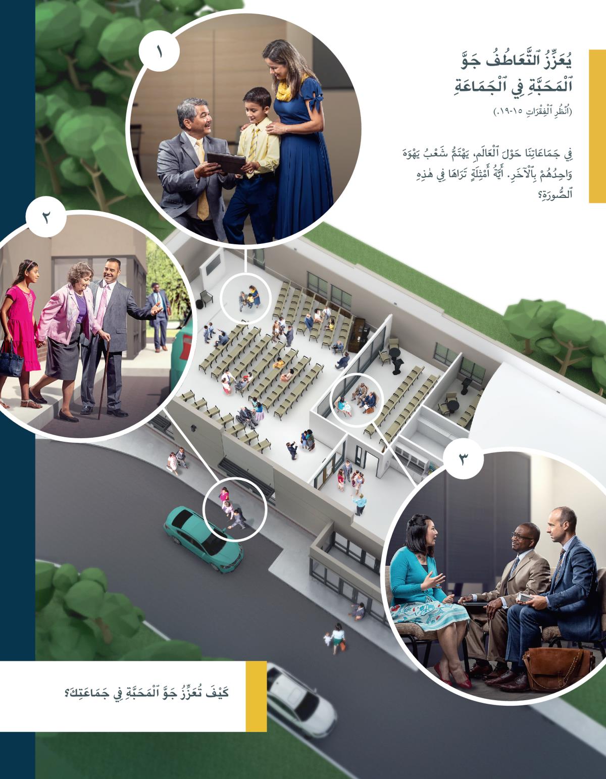 شيخ يتكلم مع صبي وأمه؛‏ اب وابنته يساعدان اختا كبيرة في العمر كي تصل الى السيارة؛‏ شيخان يستمعان الى اخت