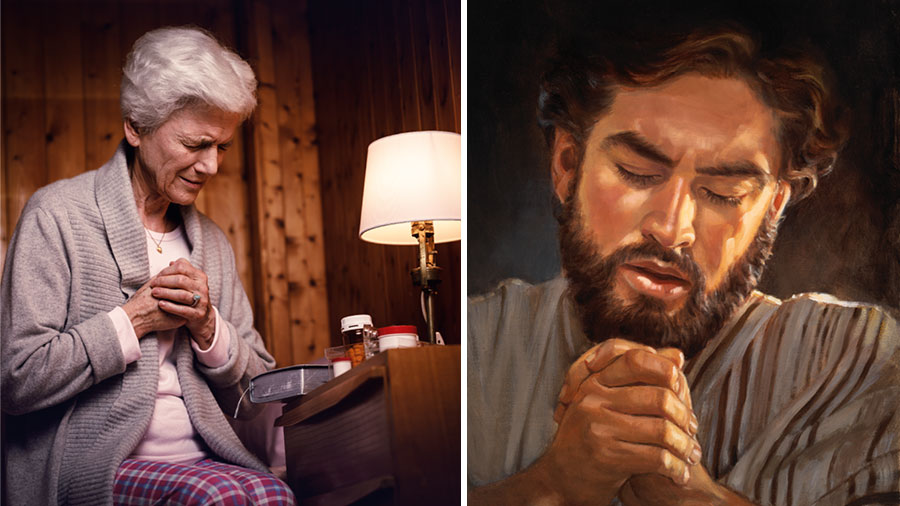 يسوع يصلِّي؛‏ اخت كبيرة في العمر تصلِّي