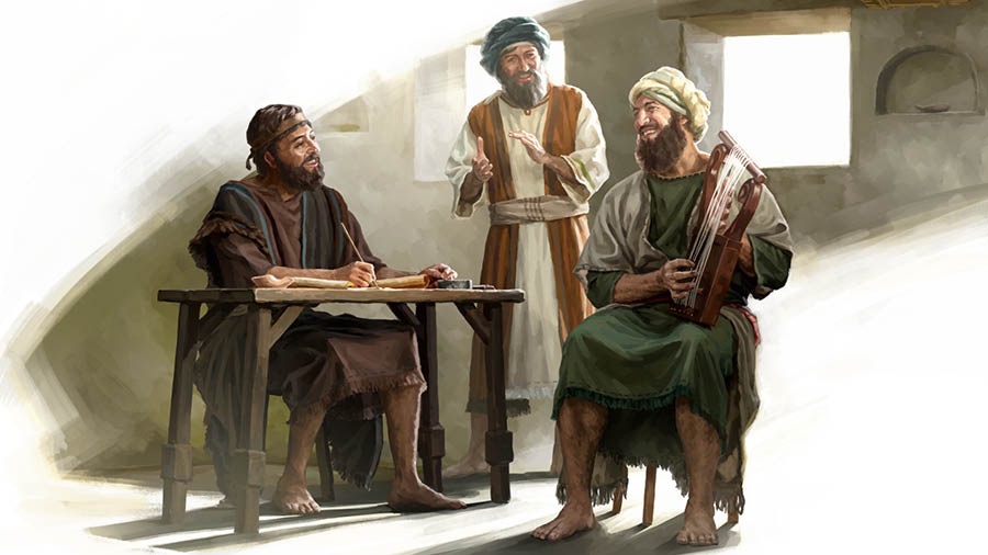 مرنِّم،‏ ربما هو احد احفاد آساف،‏ يكتب مزمورا ويرنِّم مع اثنين من اللاويين