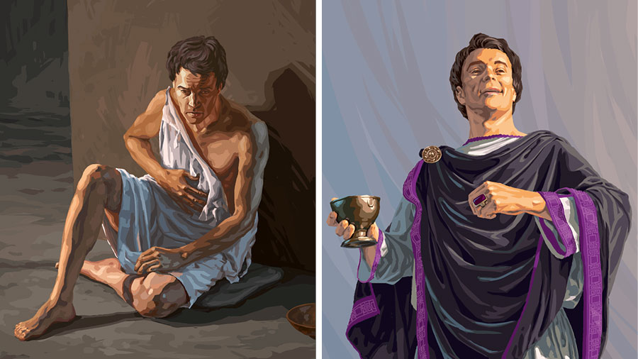 رجل من لاودكية يلبس ثوبا فاخرا ومجوهرات ويحمل كأسا من ذهب؛‏ الرجل نفسه يبدو جائعا وهزيلا وثيابه ممزقة