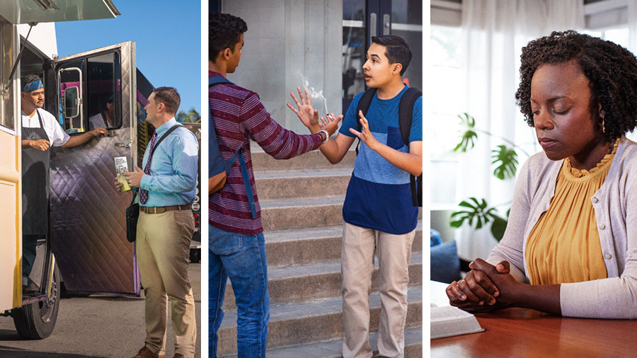 ١-‏ اخت تجلس وتصلي والكتاب المقدس مفتوح امامها.‏ ٢-‏ اخ شاب يرفض ان يأخذ سيجارة من رفيقه في المدرسة.‏ ٣-‏ اخ يعرض نشرة على طباخ في شاحنة لبيع المأكولات.‏