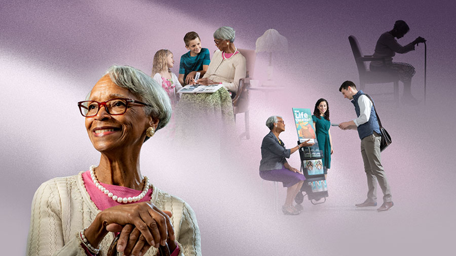 اخت تعاني من تحديات الشيخوخة:‏ ١-‏ تجلس ممسكة بعكازها وتصلي.‏ ٢-‏ تشترك في الشهادة العلنية مع اخت شابة.‏ ٣-‏ تُري ولدين من جماعتها ألبوم صور.‏ ٤-‏ تبتسم وتبدو سعيدة وواثقة بنفسها ومعنوياتها عالية.‏