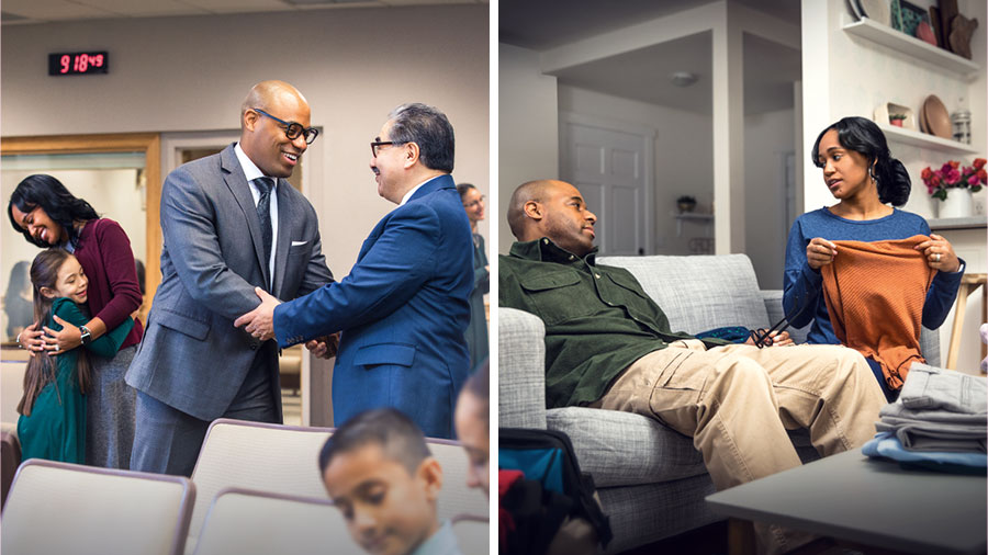 ١-‏ زوجان متعبان يجلسان على اريكة في غرفة الجلوس.‏ الزوج في ثياب العمل والزوجة تطوي الغسيل.‏ ٢-‏ لاحقا في ذلك المساء،‏ الزوجان نفسهما يبتسمان فيما يتحدثان مع بعض الاخوة بعد الاجتماع.‏