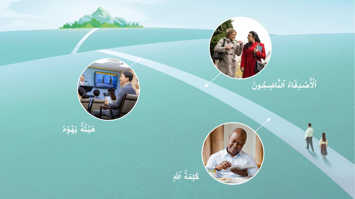 زوجان يمشيان في طريق ضيق يؤدي الى جبل.‏ وعلى جانبي الطريق ثلاثة مشاهد تُظهر ماذا يساعدنا ان نعدِّل.‏ وتتكرر المشاهد في الفقرات ٧ و ٩ و ١٤.‏