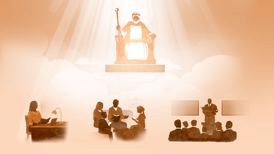 يسوع يجلس على عرش في السماء،‏ ومجد يهوه يضيء عليه.‏ تحته صور لاجتماع للجماعة،‏ عبادة عائلية،‏ وأخت تدرس وحدها.‏ الصور تتكرر في الفقرة ٨ والفقرات ١١-‏١٤