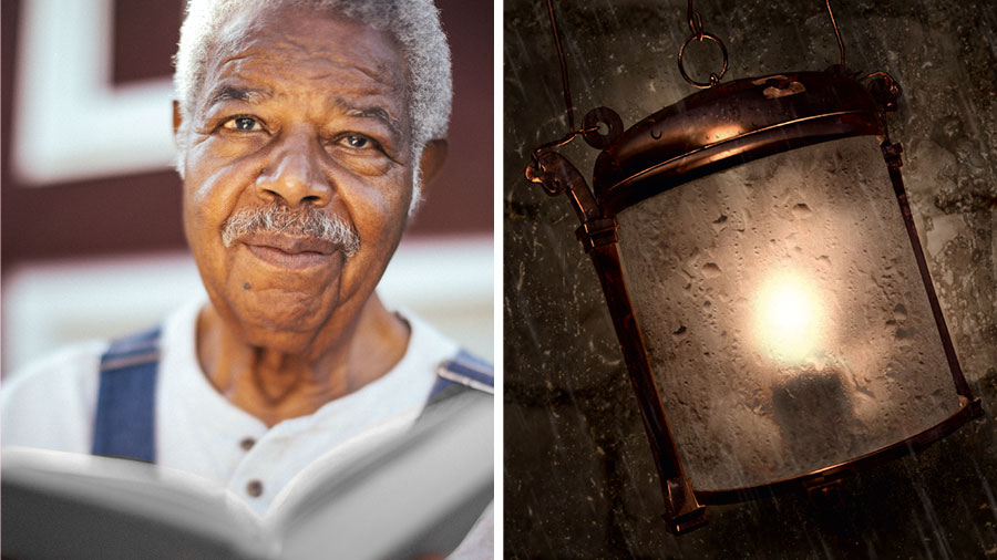 ١-‏ لهب يظل مشتعلا داخل سراج رغم الرياح والمطر.‏ ٢-‏ اخ مسن يحمل كتابا مقدسا مفتوحا