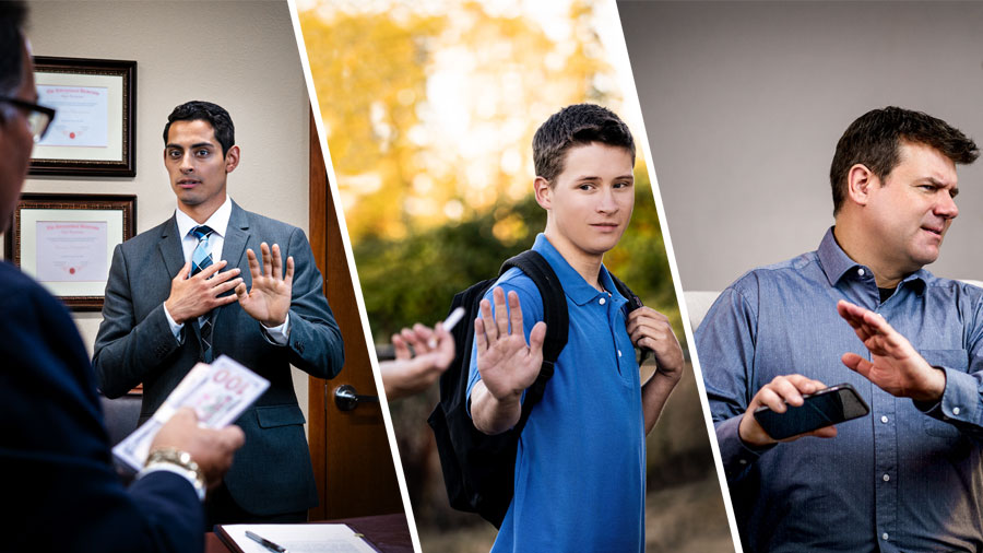 ١-‏ اخ يحوِّل نظره عن صورة في تلفونه.‏ ٢-‏ اخ شاب يرفض سيجارة يقدمها له زميله.‏ ٣-‏ اخ يرفض الرشوة