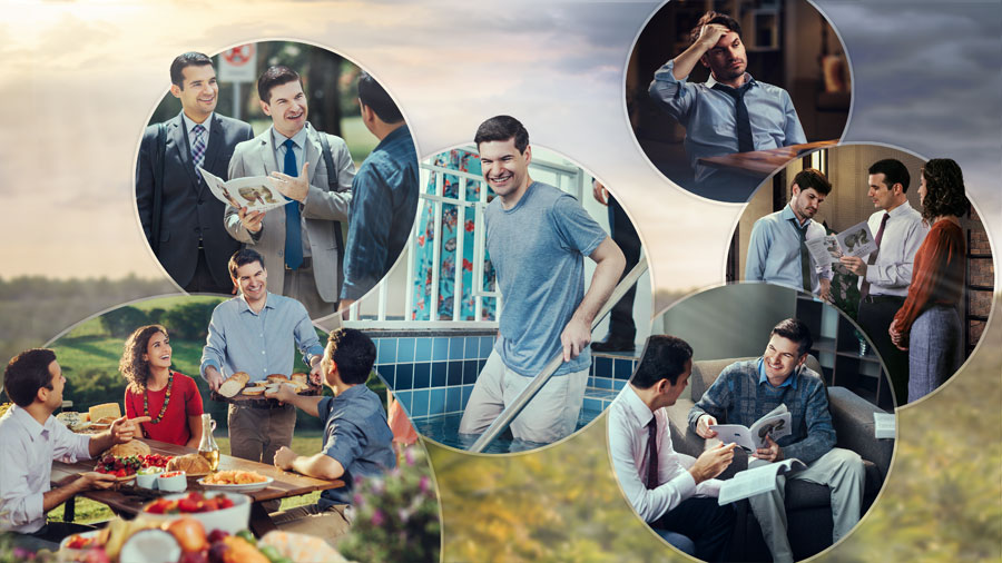 رجل يصير تلميذا ليسوع:‏ ١-‏ الرجل جالس في بيته بعد يوم متعب في الشغل.‏ ٢-‏ زوجان يبشران الرجل في المساء.‏ ٣-‏ الرجل يدرس الكتاب المقدس مع الاخ الذي بشره.‏ ٤-‏ الرجل يعتمد.‏ ٥-‏ الاخ الذي اعتمد يبشر رجلا آخر.‏ ٦-‏ الزوجان،‏ الاخ،‏ والرجل الآخر يتمتعون معا بوجبة طعام في الفردوس